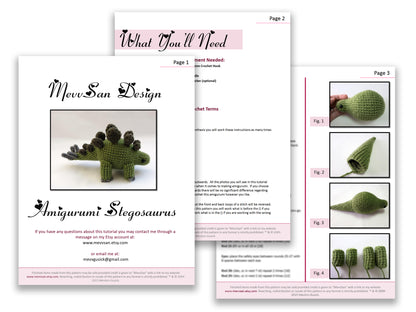 A preview of the first three pages of the PDF crochet pattern for the amigurumi stegosaurus dinosaur