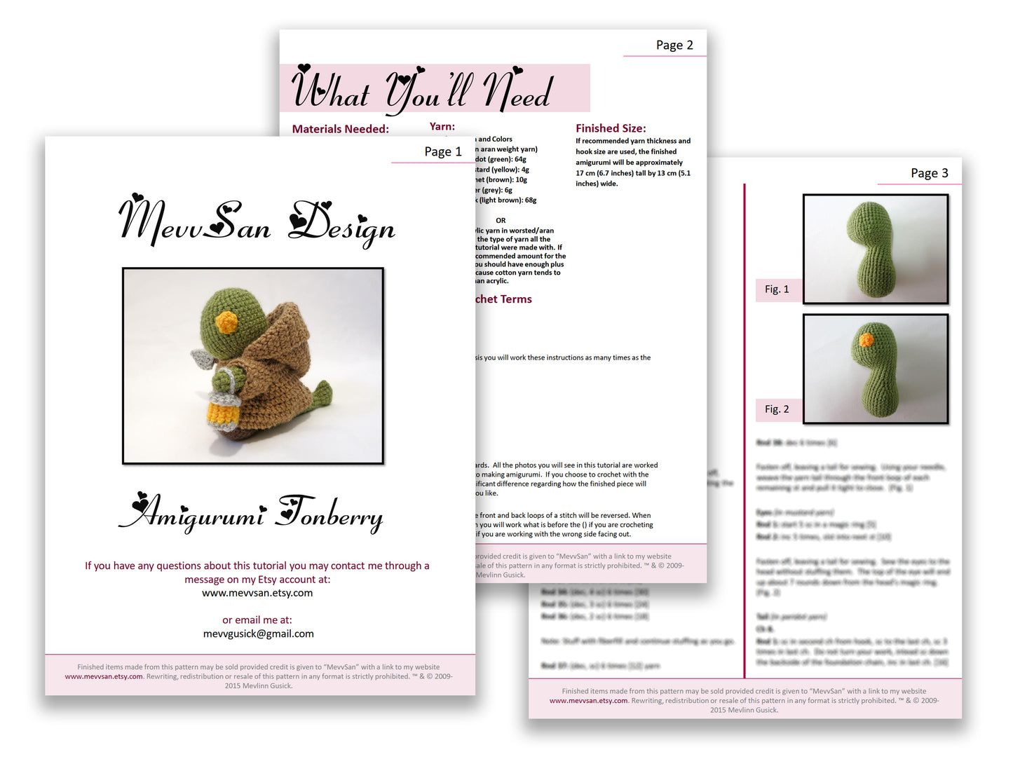 A preview of the first three pages of the PDF crochet pattern for the amigurumi  tonberry