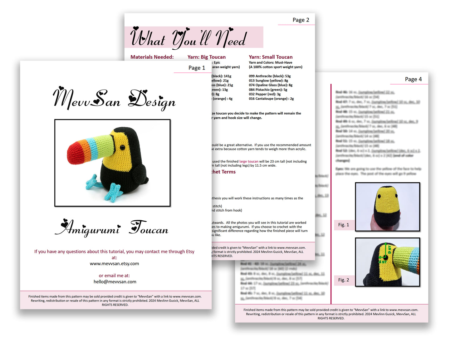A preview of the first three pages of the PDF crochet pattern for the amigurumi toucan