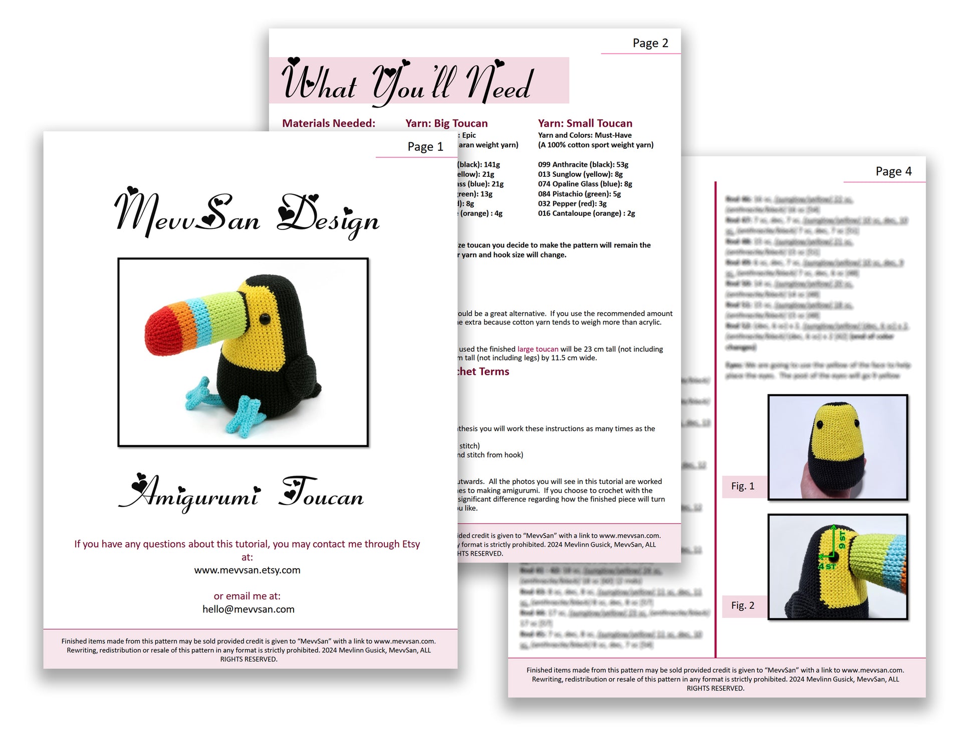 A preview of the first three pages of the PDF crochet pattern for the amigurumi toucan