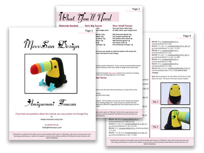 A preview of the first three pages of the PDF crochet pattern for the amigurumi toucan