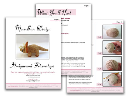 A preview of the first three pages of the PDF crochet pattern for the amigurumi triceratops dinosaur