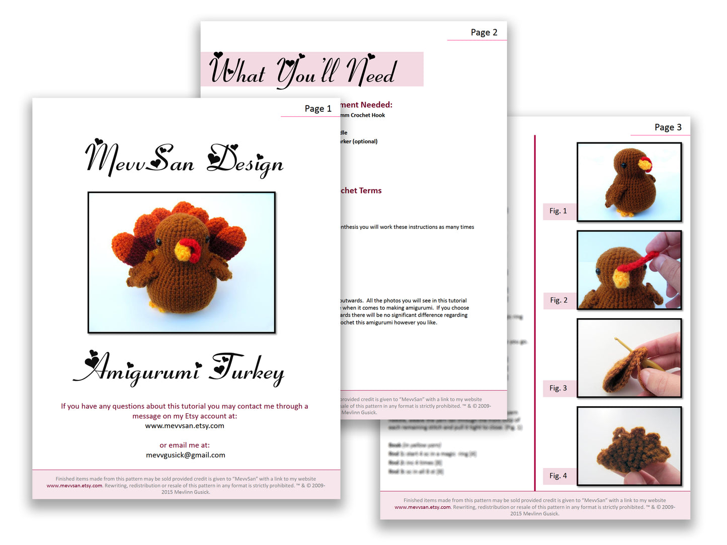 A preview of the first three pages of the PDF crochet pattern for the amigurumi turkey