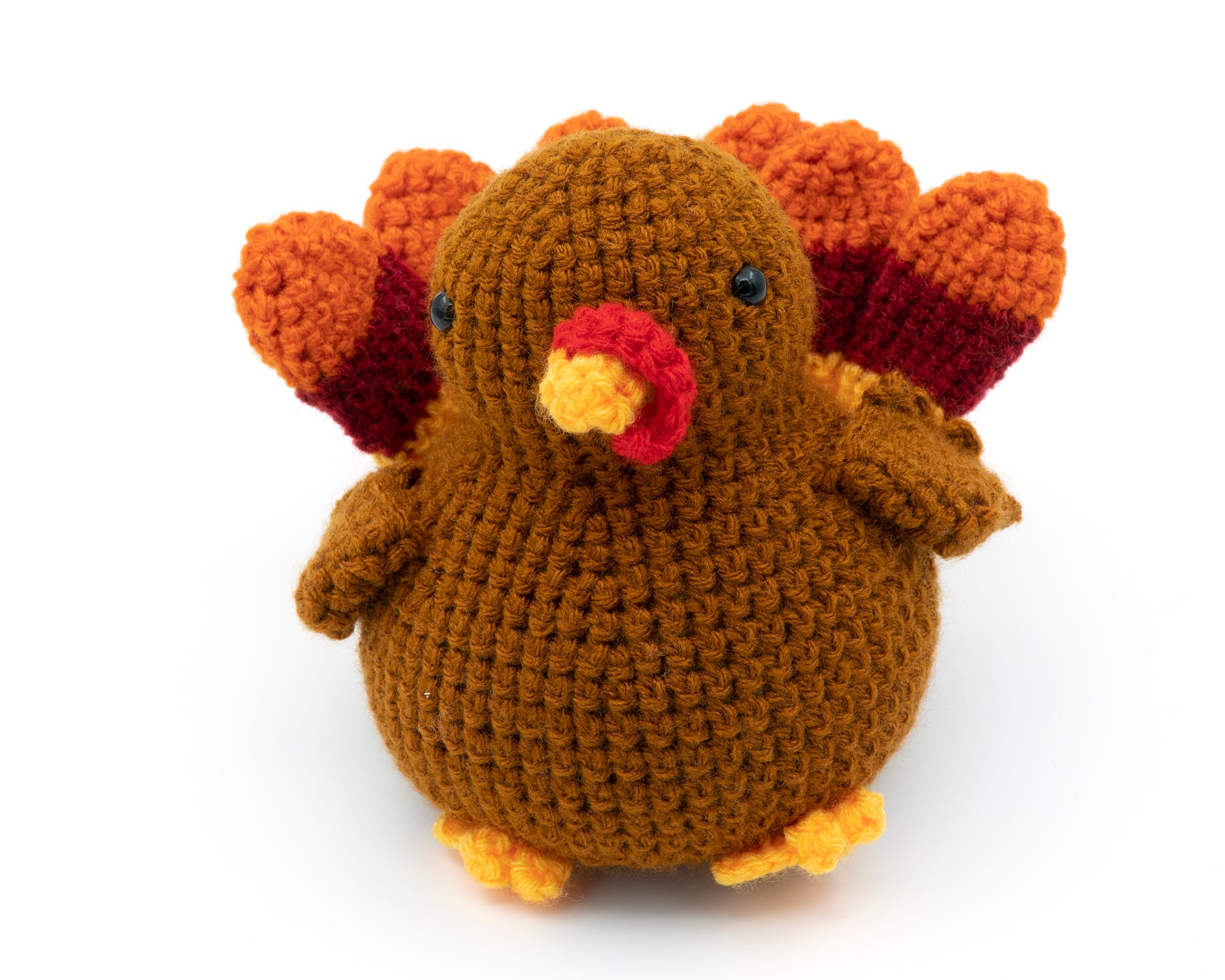 amigurumi crochet turkey pattern front view with colorful tail feathers