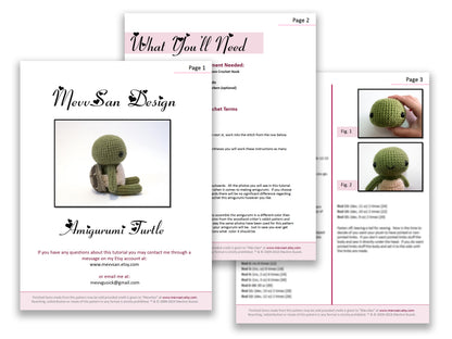 A preview of the first three pages of the PDF crochet pattern for the amigurumi turtle