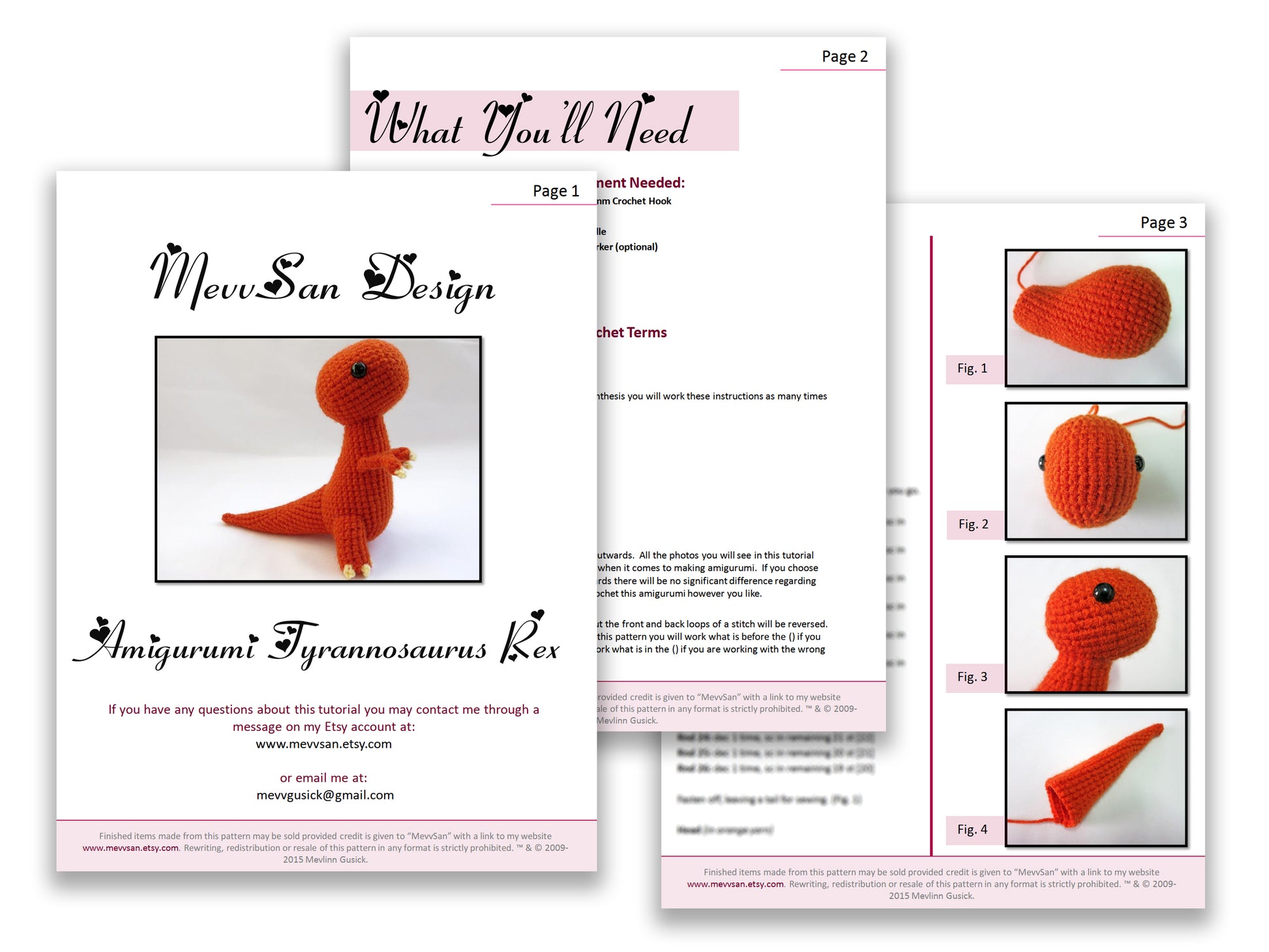 A preview of the first three pages of the PDF crochet pattern for the amigurumi tyrannosaurus rex dinosaur