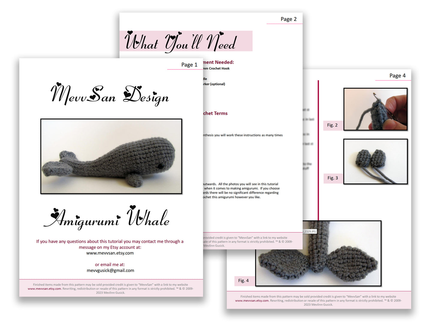 A preview of the first three pages of the PDF crochet pattern for the amigurumi whale