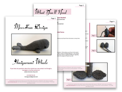 A preview of the first three pages of the PDF crochet pattern for the amigurumi whale