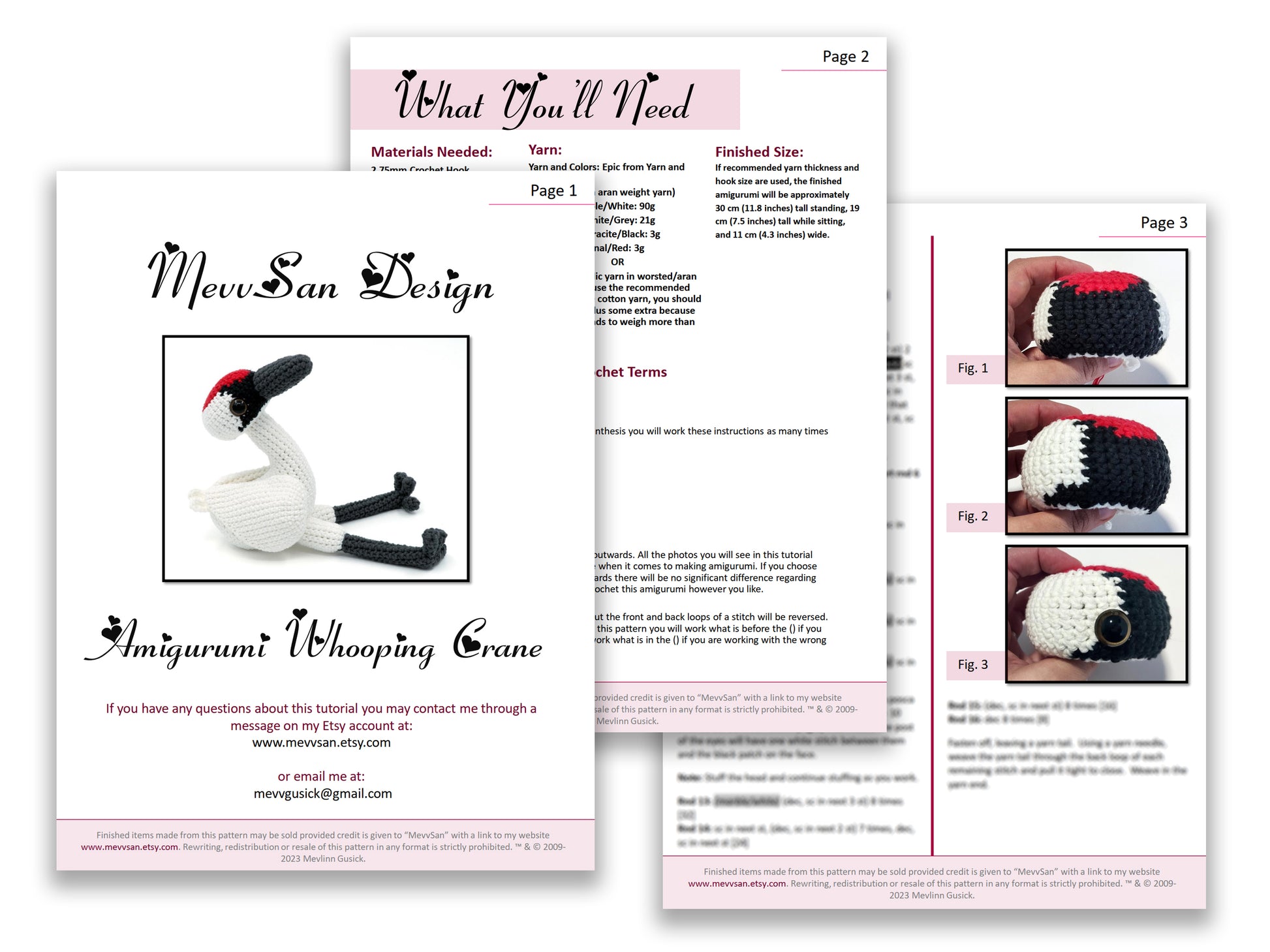 A preview of the first three pages of the PDF crochet pattern for the amigurumi whooping crane