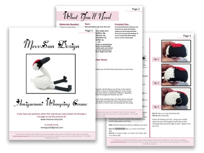 A preview of the first three pages of the PDF crochet pattern for the amigurumi whooping crane