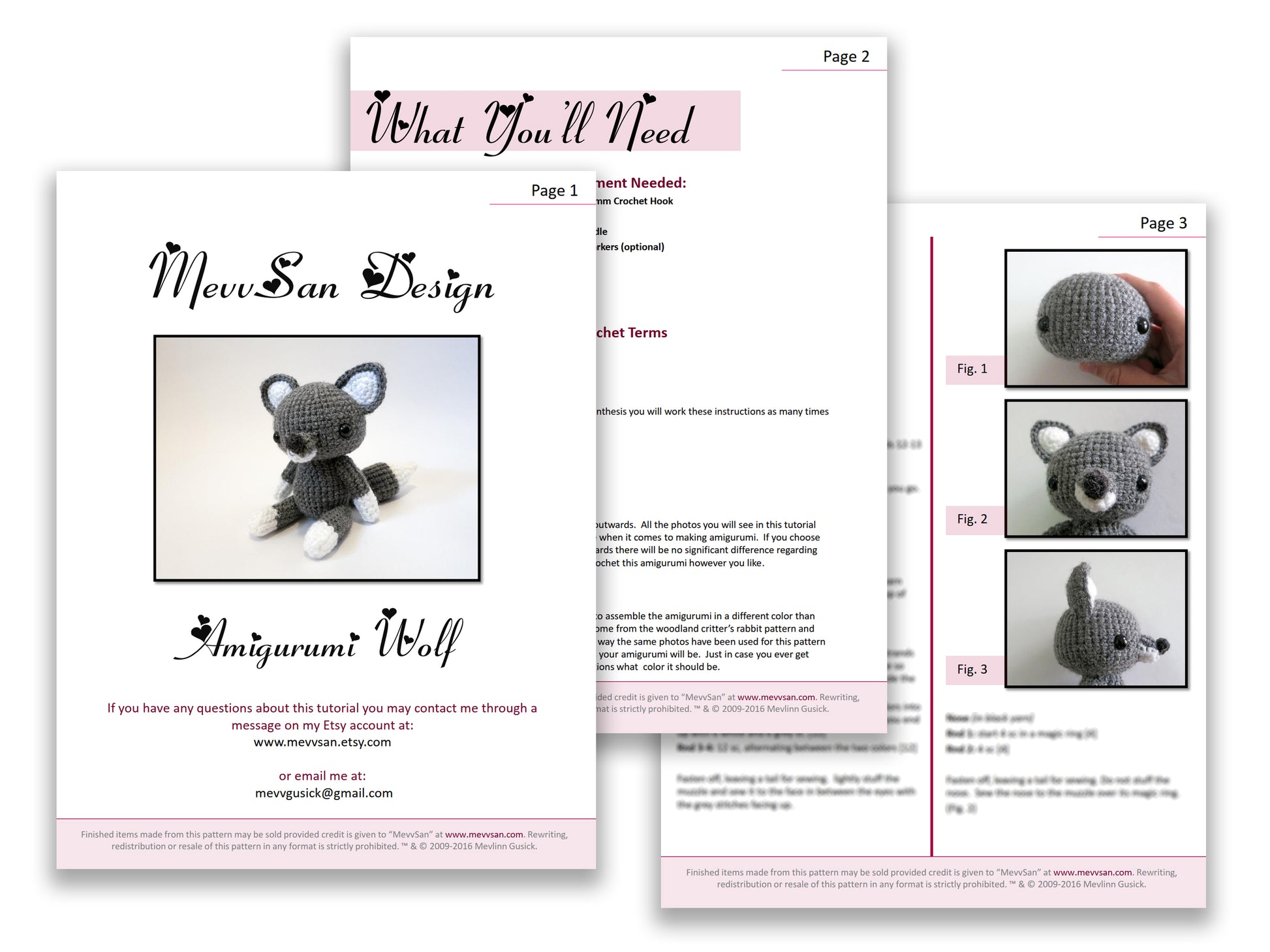 A preview of the first three pages of the PDF crochet pattern for the amigurumi wolf