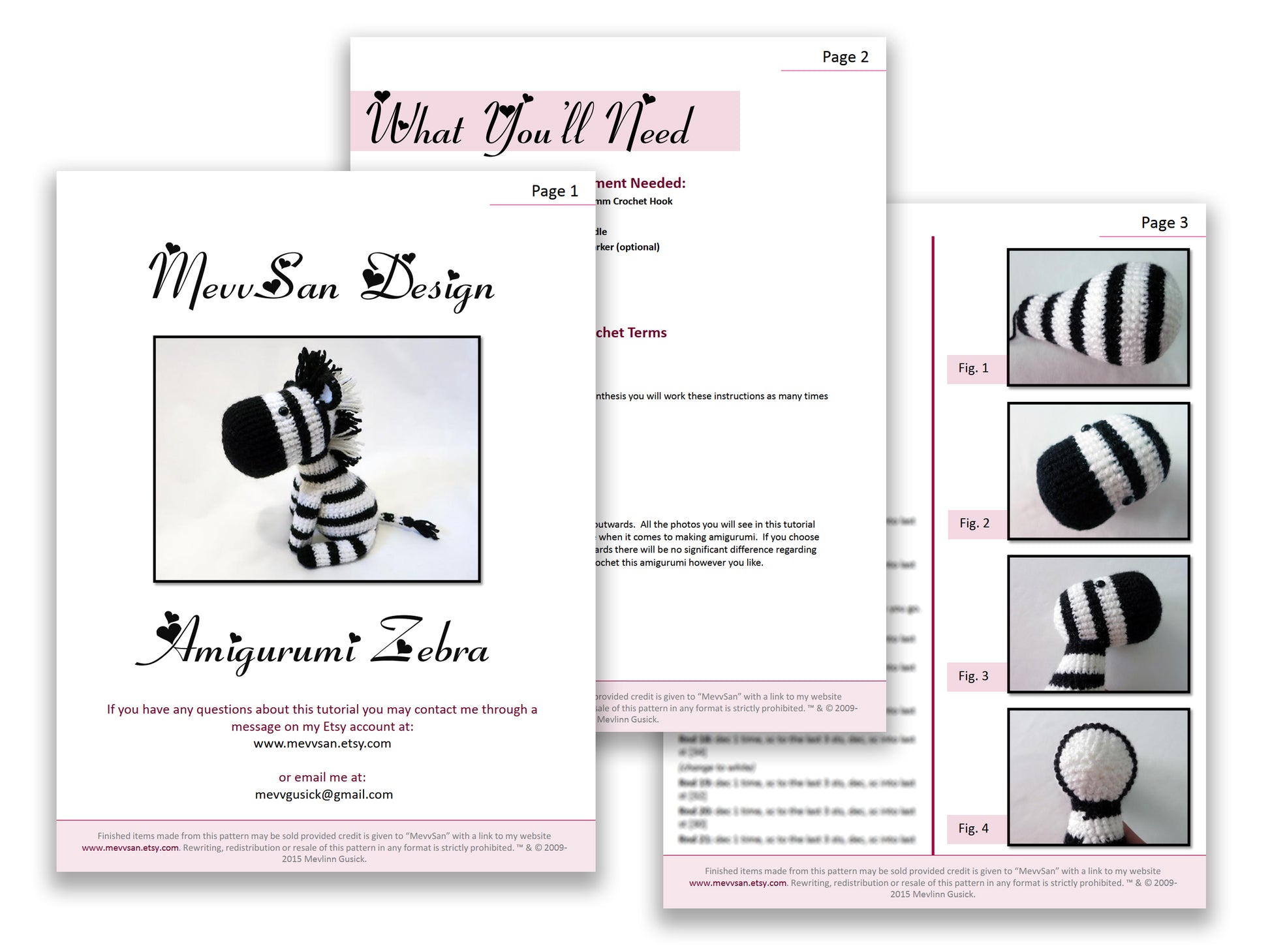 A preview of the first three pages of the PDF crochet pattern for the amigurumi zebra