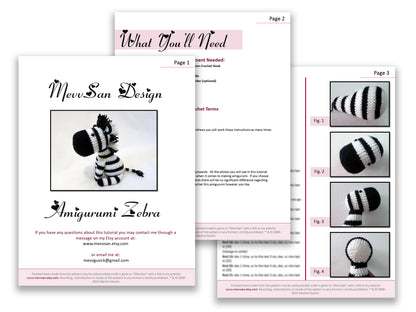 A preview of the first three pages of the PDF crochet pattern for the amigurumi zebra